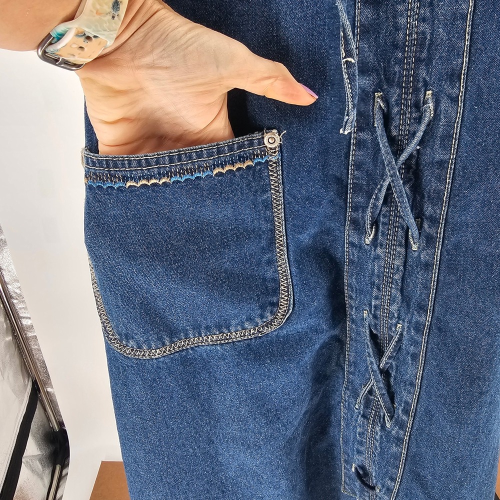90s Y2K Denim Jumper Maxi Dress L Blue Lace Up Embroidered Cottagecore Modest - Picture 6 of 11